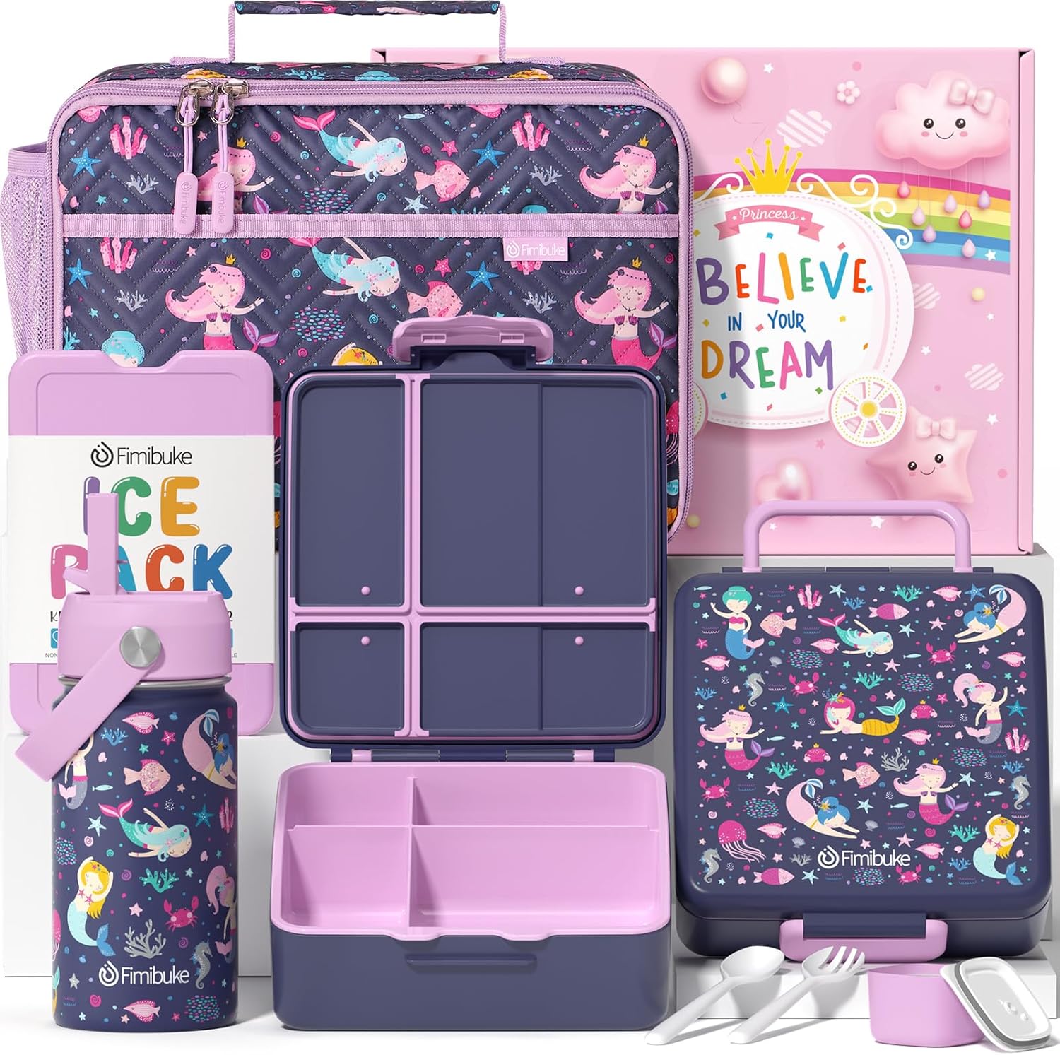 Fimibuke Kids Bento Lunch Box Set with Insulated Bag & Bottle