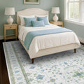 Cream Oushak 7x9 Bedroom Rug - Boho Floral Cool Blue and Green