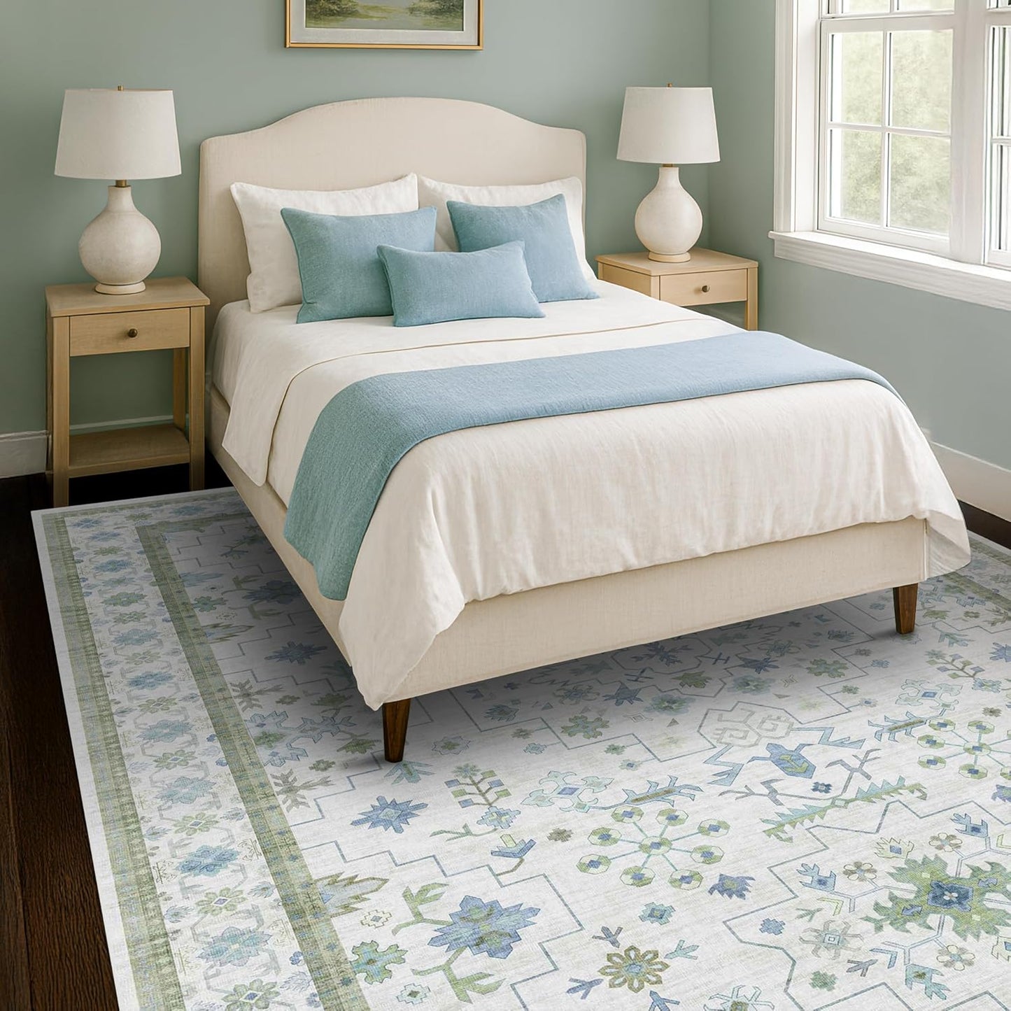 Cream Oushak 7x9 Bedroom Rug - Boho Floral Design for Home