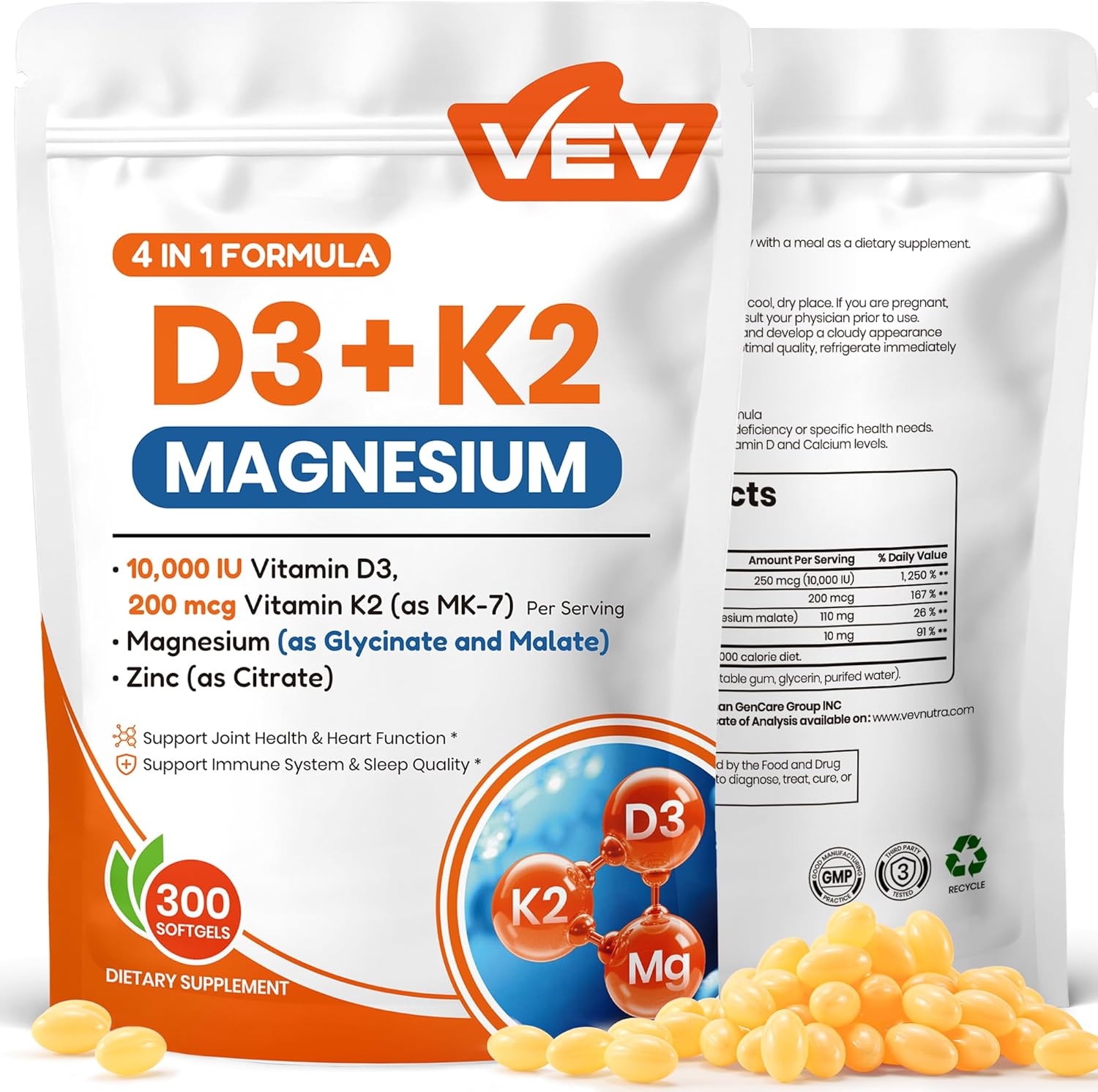VEV Vitamin D3 K2 Magnesium Supplement for Energy and Bone Health