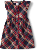 Girls Flutter Sleeve Plaid Dress with Ric Rac Trim - Cotton