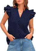Women Summer Eyelet V Neck Ruffle Cap Sleeve Top - Lightweight Cotton