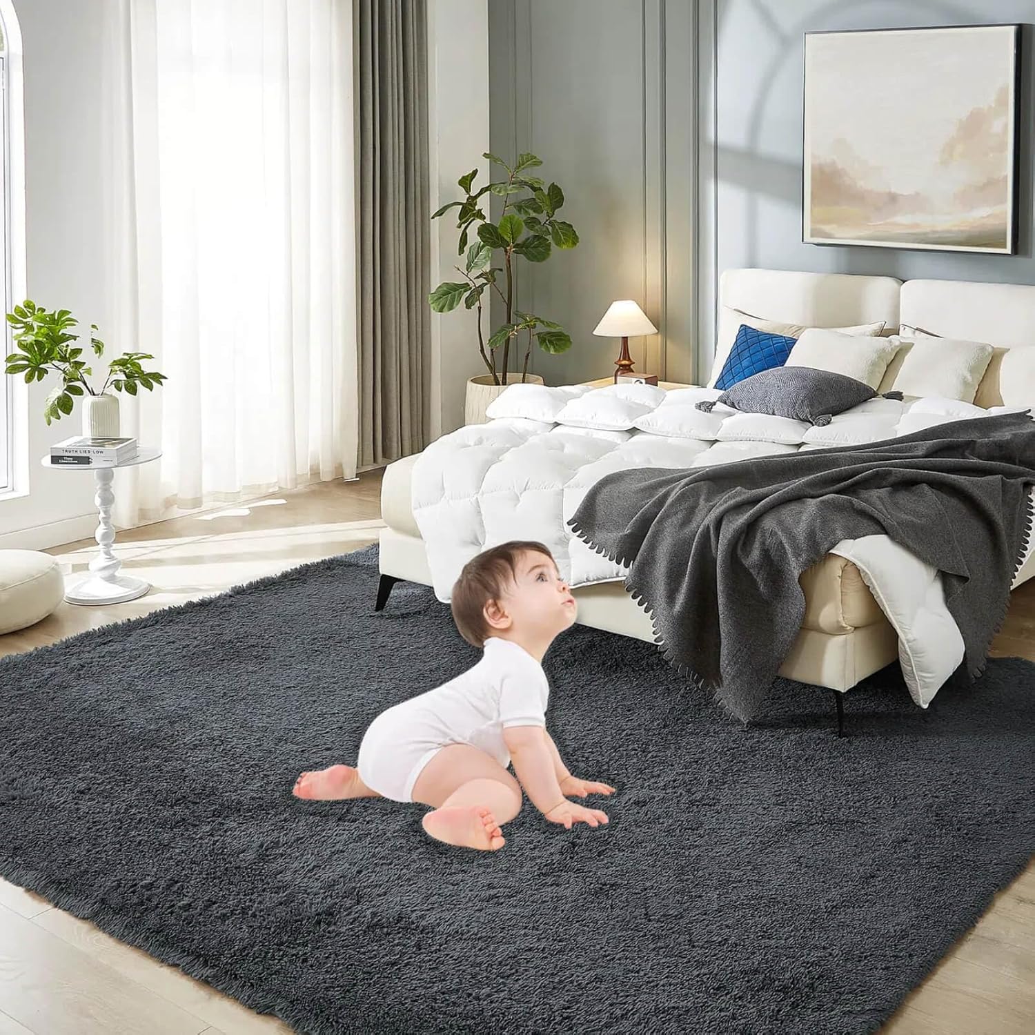 Floralux 8x10 Dark Grey Shag Rug for Bedroom and Living Room