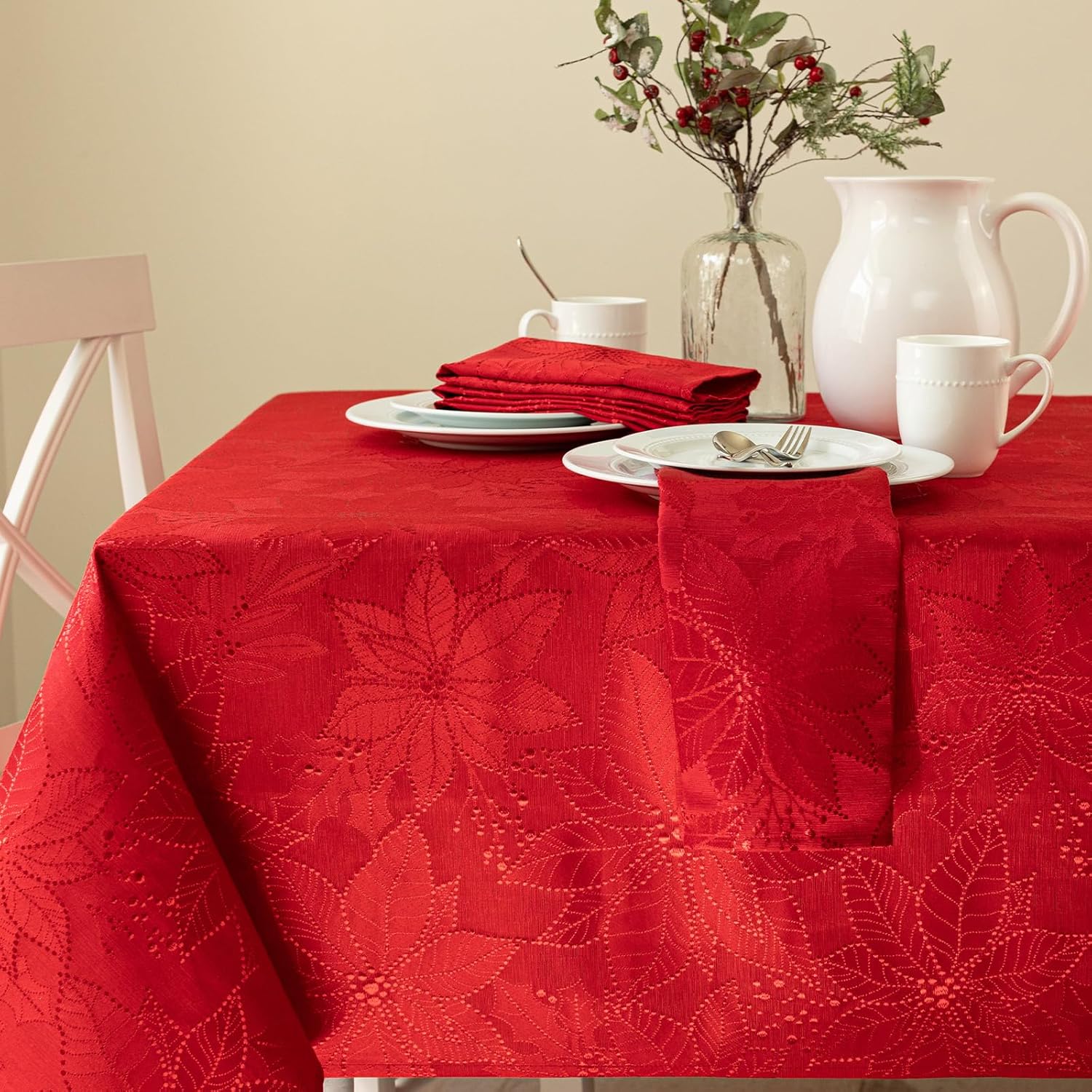 Poinsettia Palace Damask Table Cloth for Holiday Dining