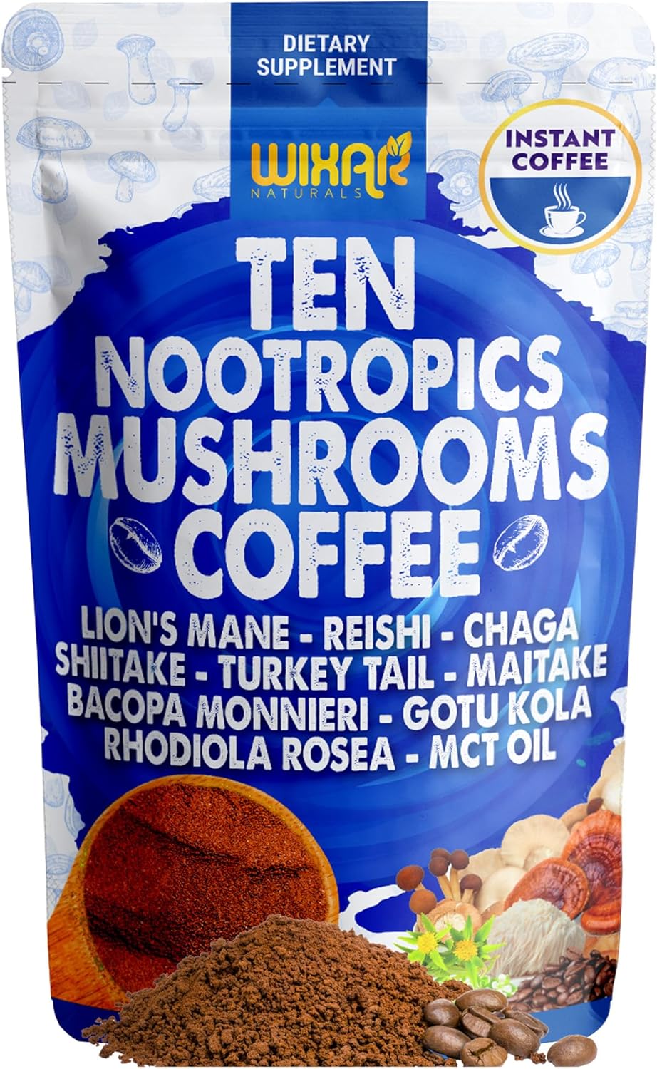 10 Superfood Mushroom Coffee Powder by Wixar Nat. - Brain Boost
