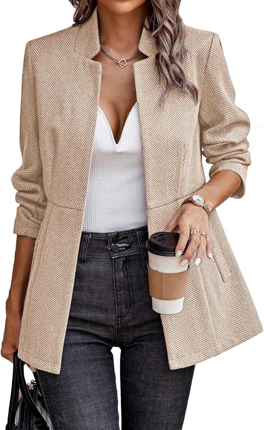 ELLEVEN Womens Open Front Herringbone Blazer for Work Style