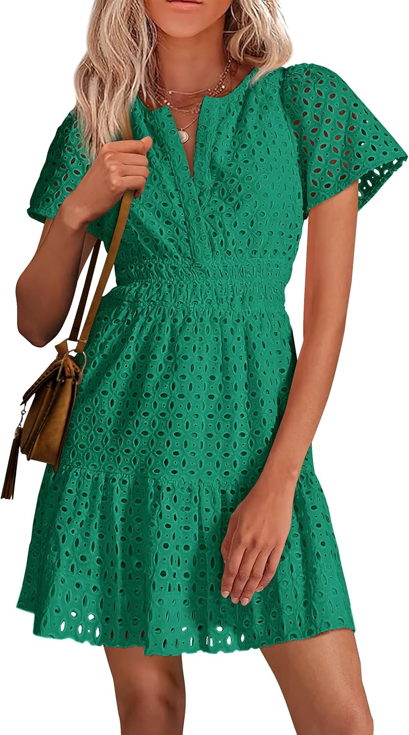 PRETTYGARDEN Womens Summer Short Dress V Neck Ruffle Casual
