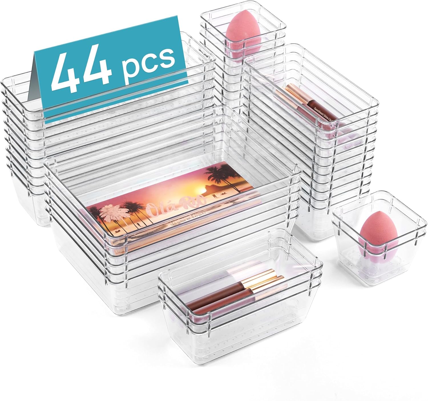 44-Piece Clear Plastic Drawer Organizers Set - Non-Slip Storage for Any Space