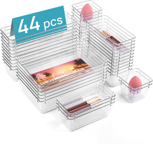 44-Piece Clear Plastic Drawer Organizers Set - Non-Slip Storage for Any Space