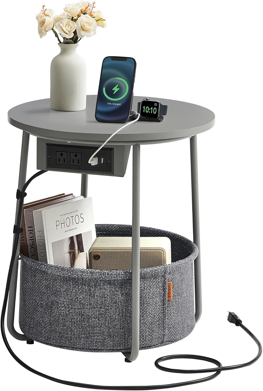 VASAGLE LILEA Collection Round Side Table with Charging Station