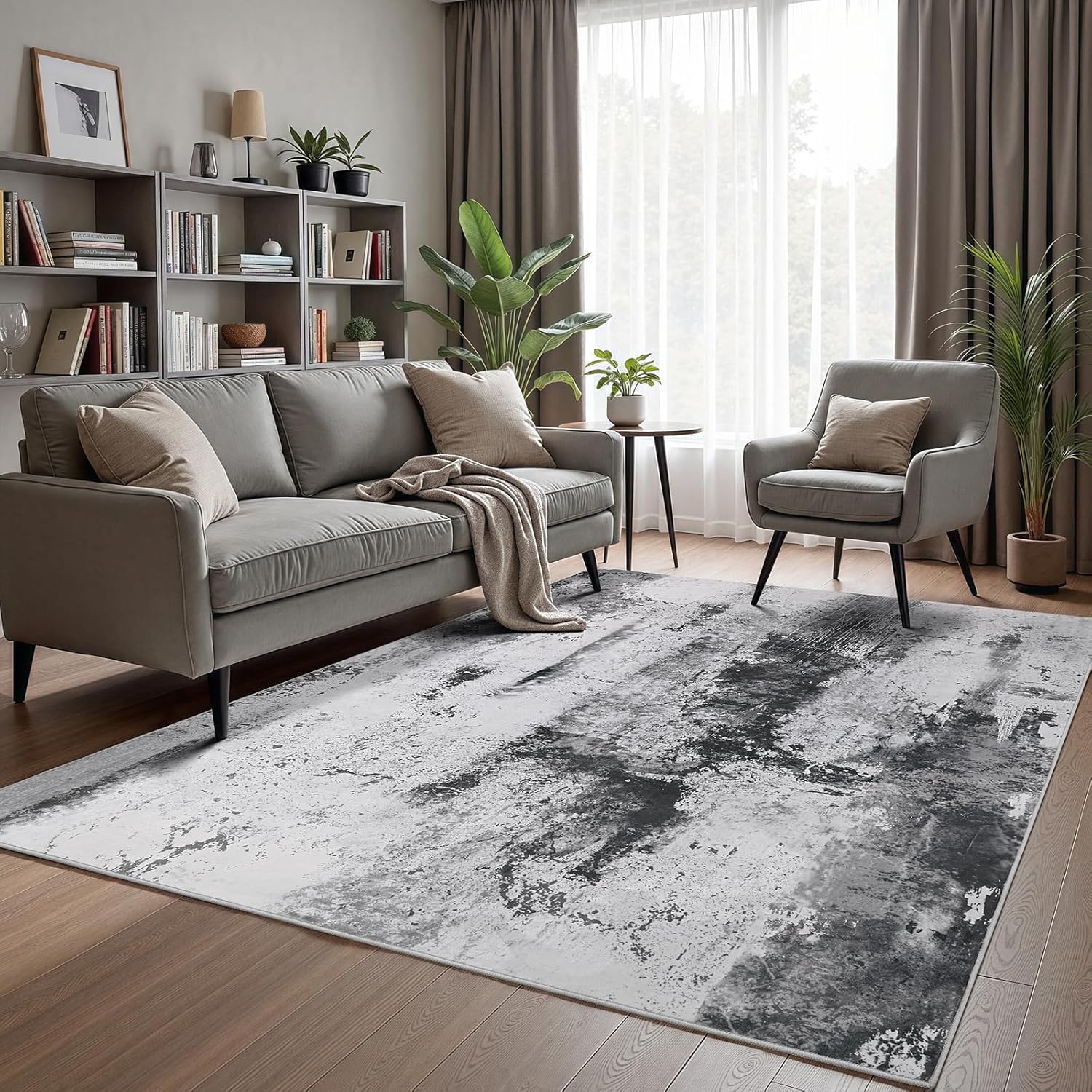 Machine Washable Modern Gray Rug, Non Slip Backing, 3'x5'