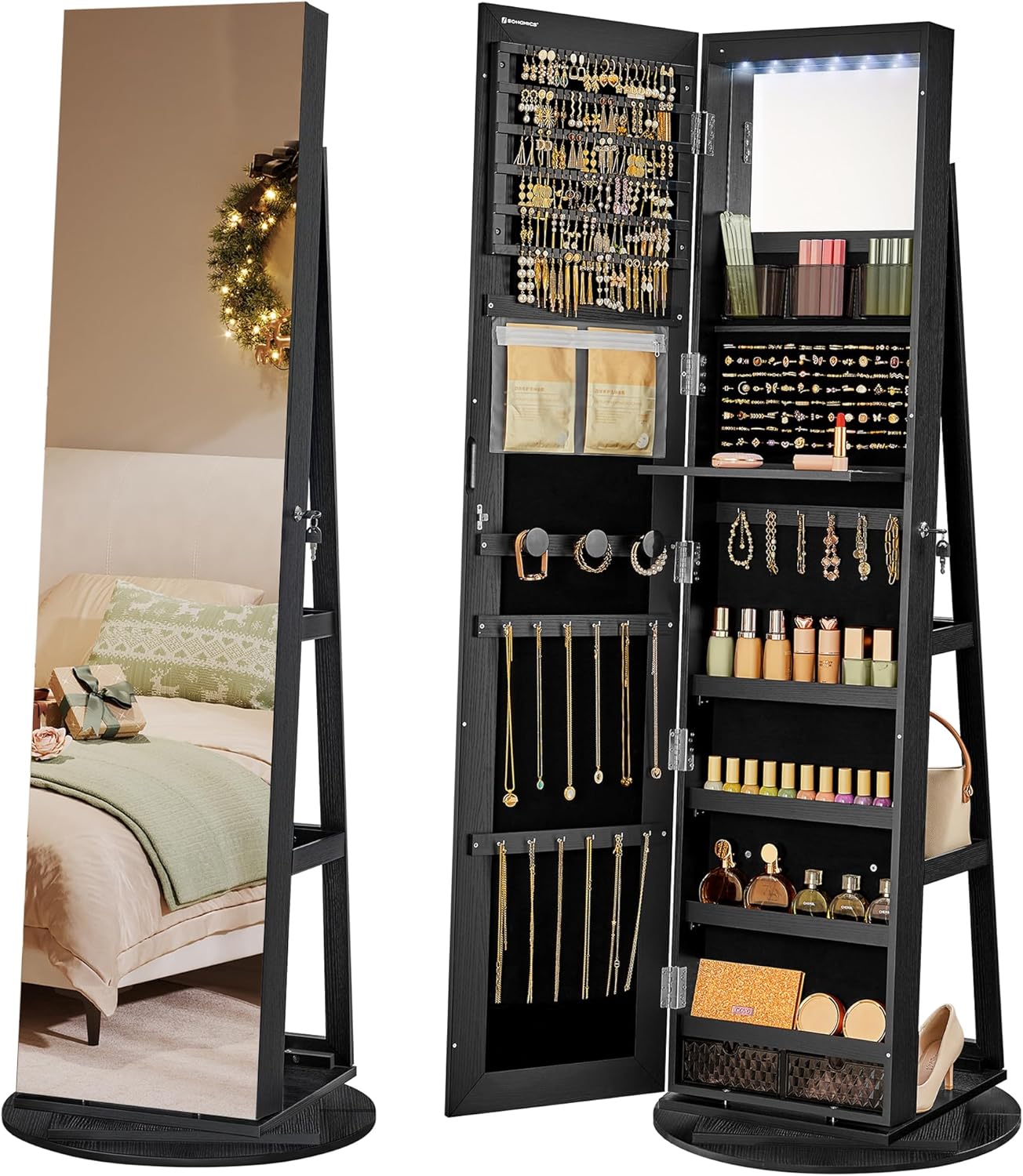 SONGMICS Lockable Mirror Jewelry Cabinet with 6 LEDs for Storage