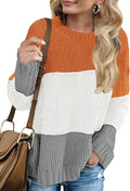 Womens Crew Neck Color Block Knit Sweater - Casual Long Sleeve