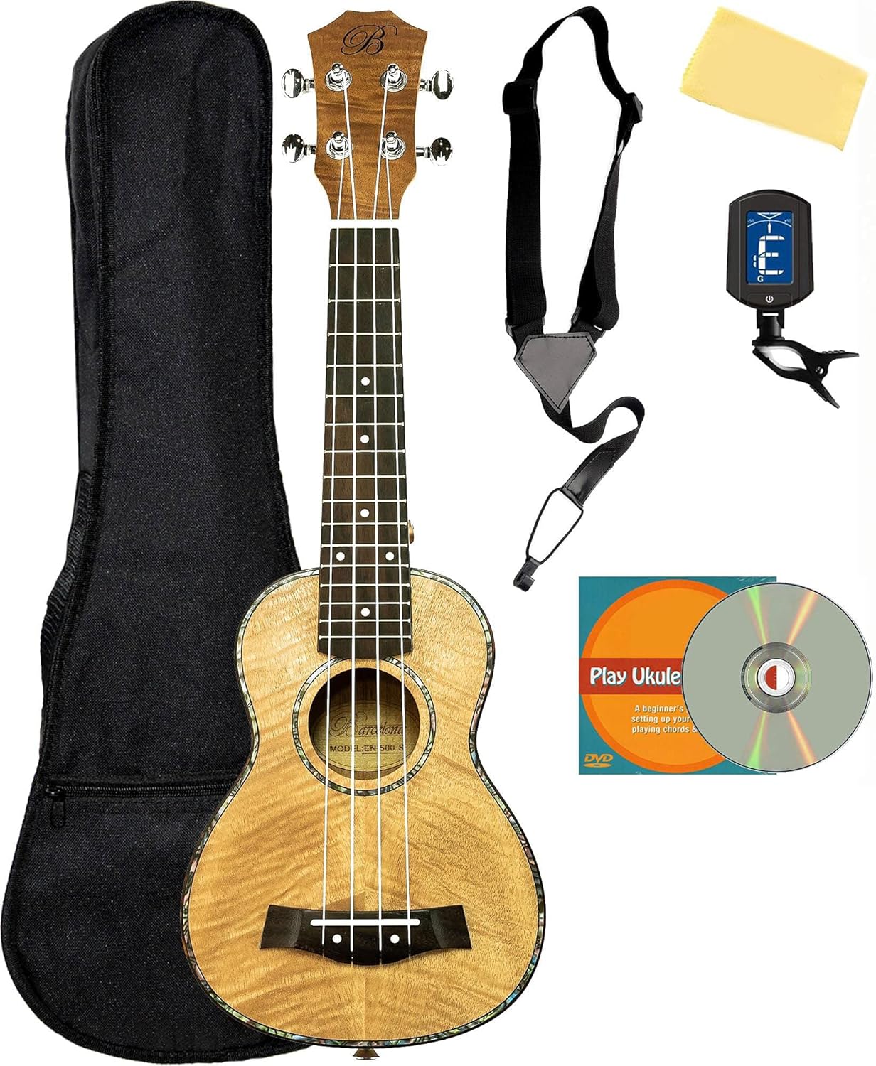 Barcelona Oguman Wood Soprano Ukulele Bundle for Beginners