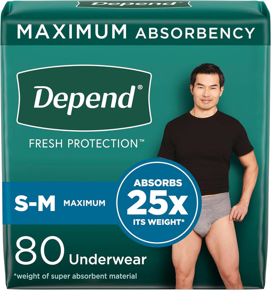 Depend Men's Incontinence Underwear, Maximum Protection, Small/Medium, 80 Count