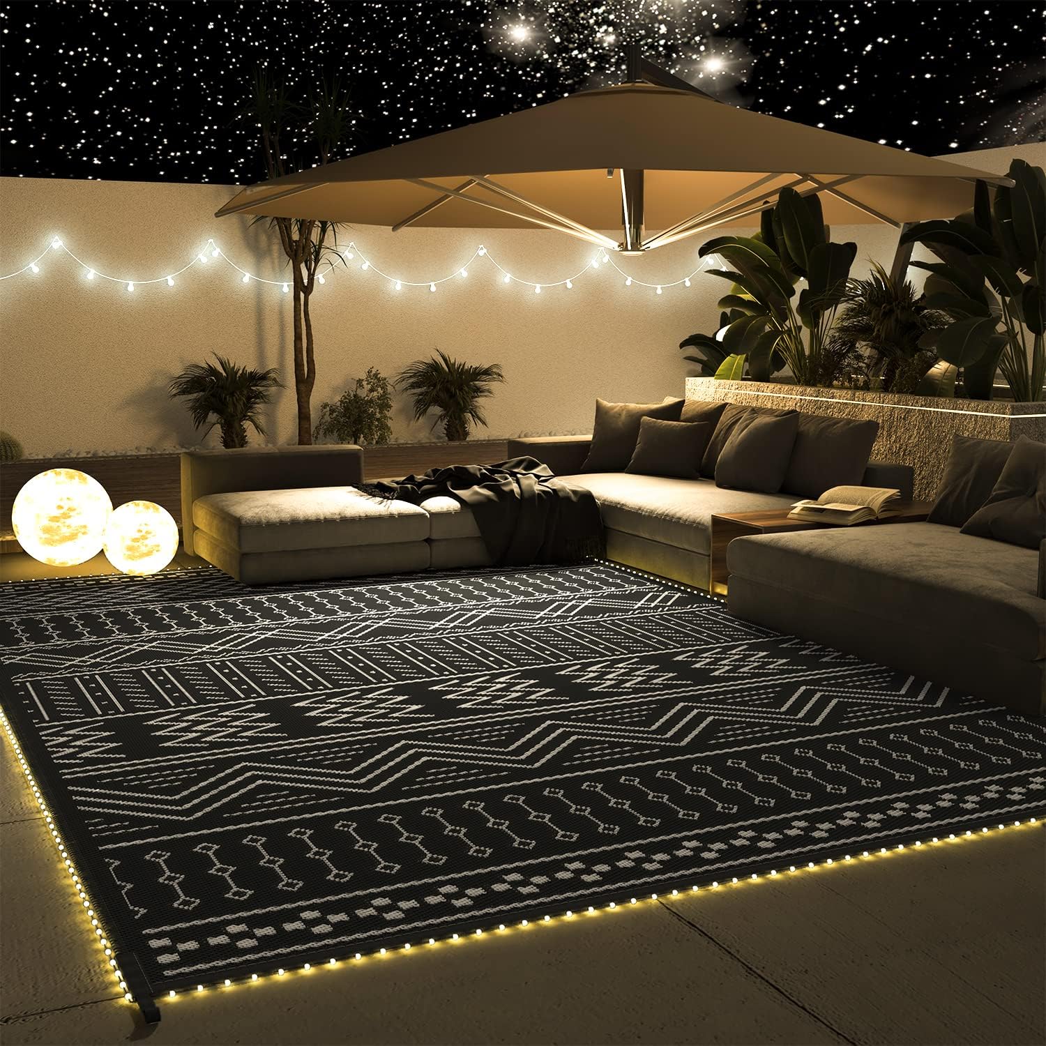 Outdoor Rug Carpet Waterproof 8x10 ft with LED Strip Lights