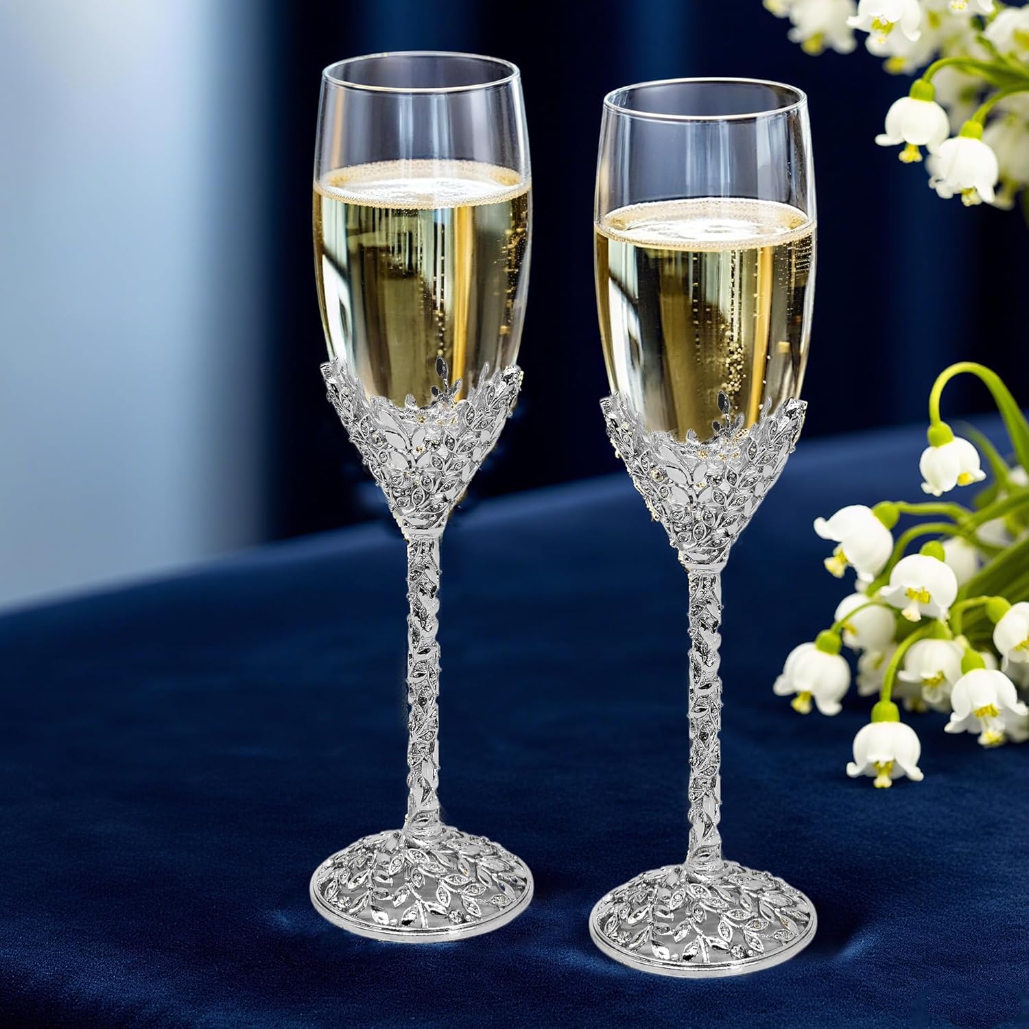 Luxurious Silver Champagne Flutes for Wedding Toasts and Gifts