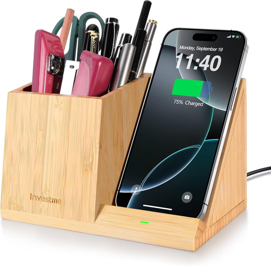 3-in-1 Bamboo Wireless Charger with Desk Organizer for Home