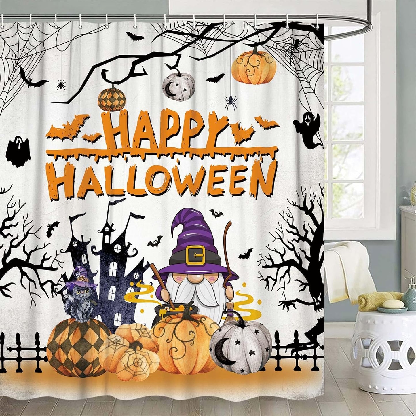 Halloween Gnome Pumpkin Lantern Shower Curtain