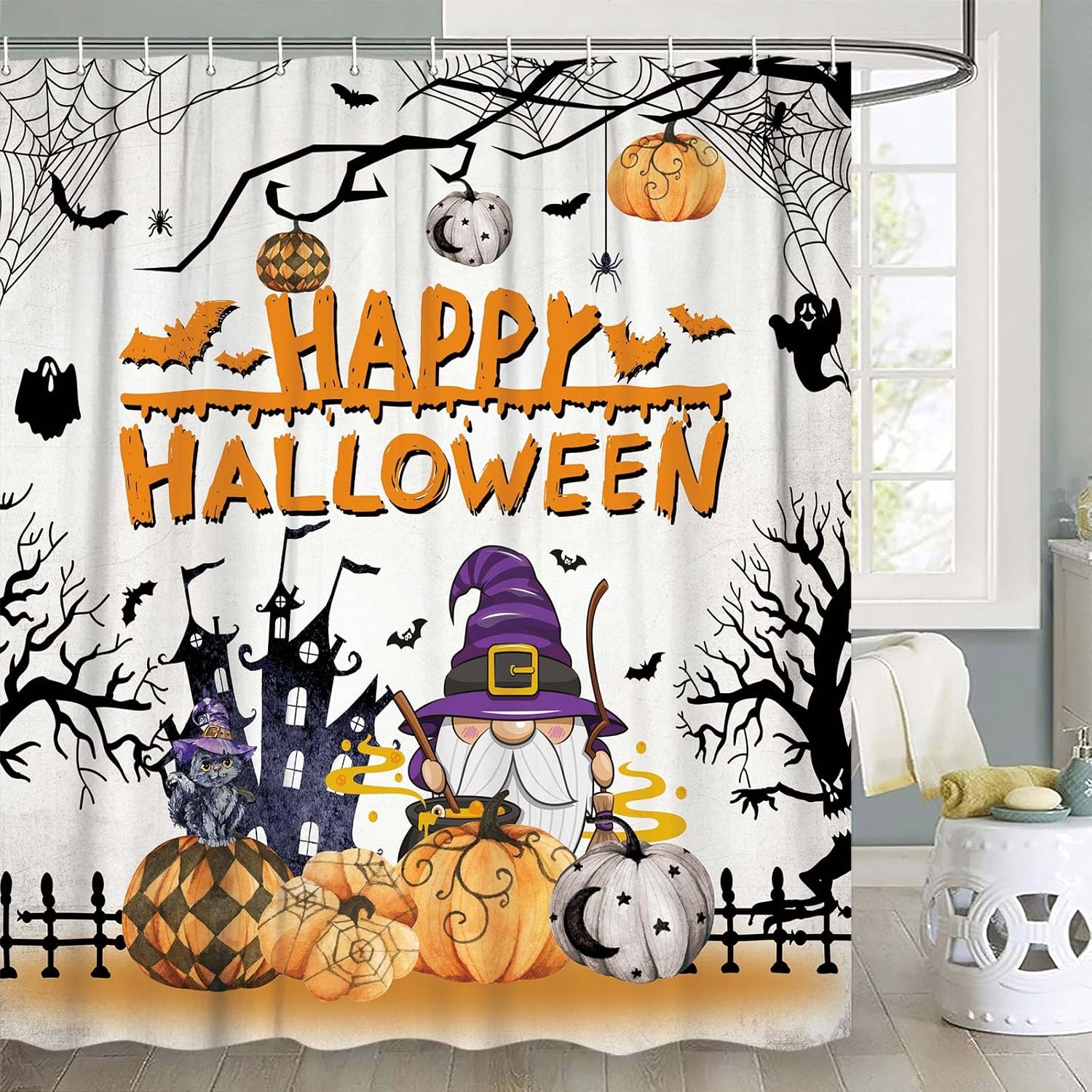 Halloween Gnome Pumpkin Lantern Shower Curtain