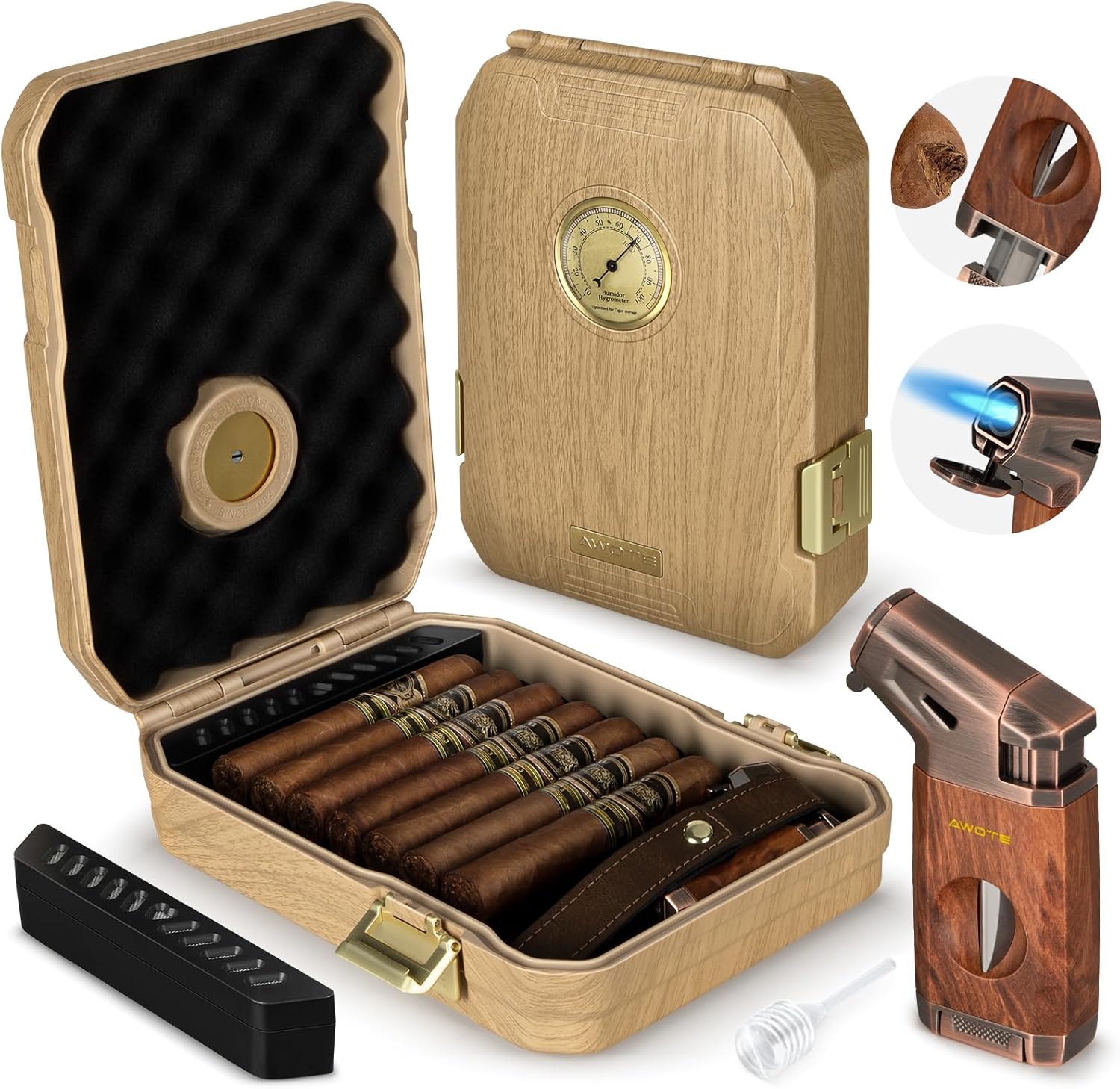 Travel Cigar Humidor Case with V Cut Cutter and Accessories