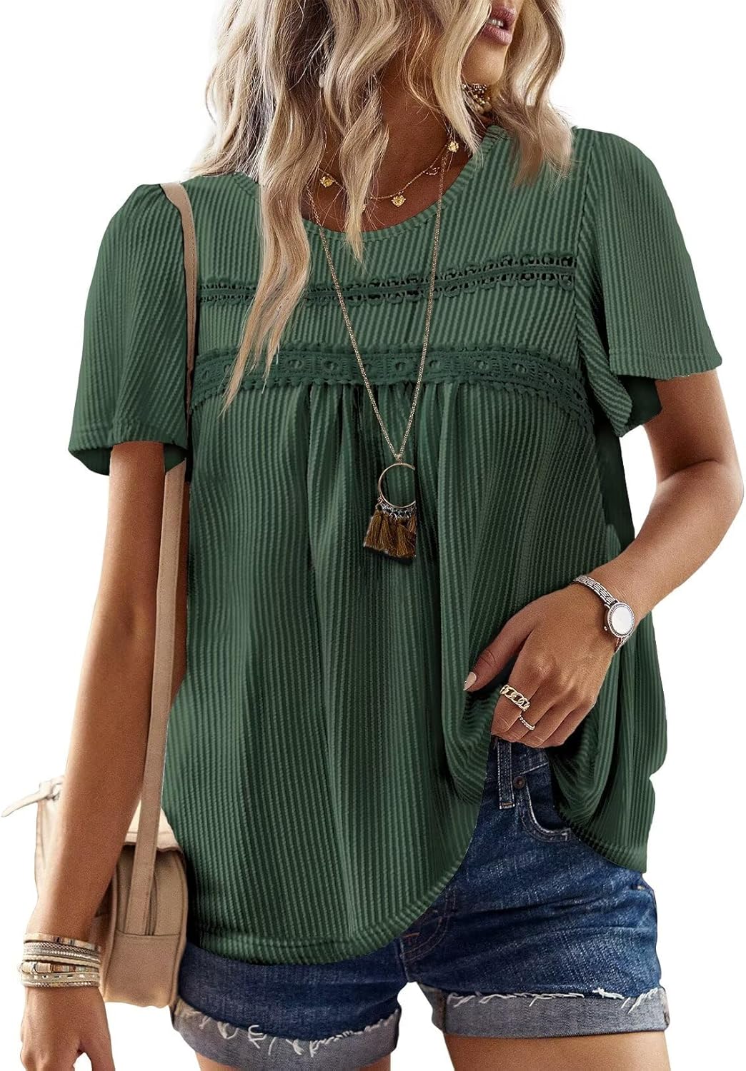 Womens Summer Tops Crewneck Short Sleeve Striped Shirts Casual