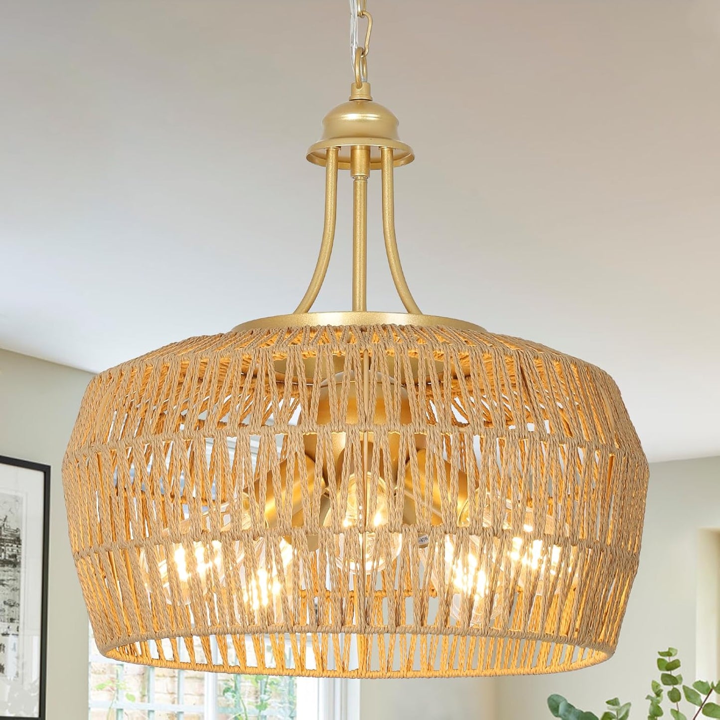 Gold Rattan Chandelier for Dining Room, 5-Light Boho Fixture