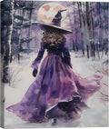 24x36 Purple Witch In Winter Forest Canvas Wall Art - Framed Poster
