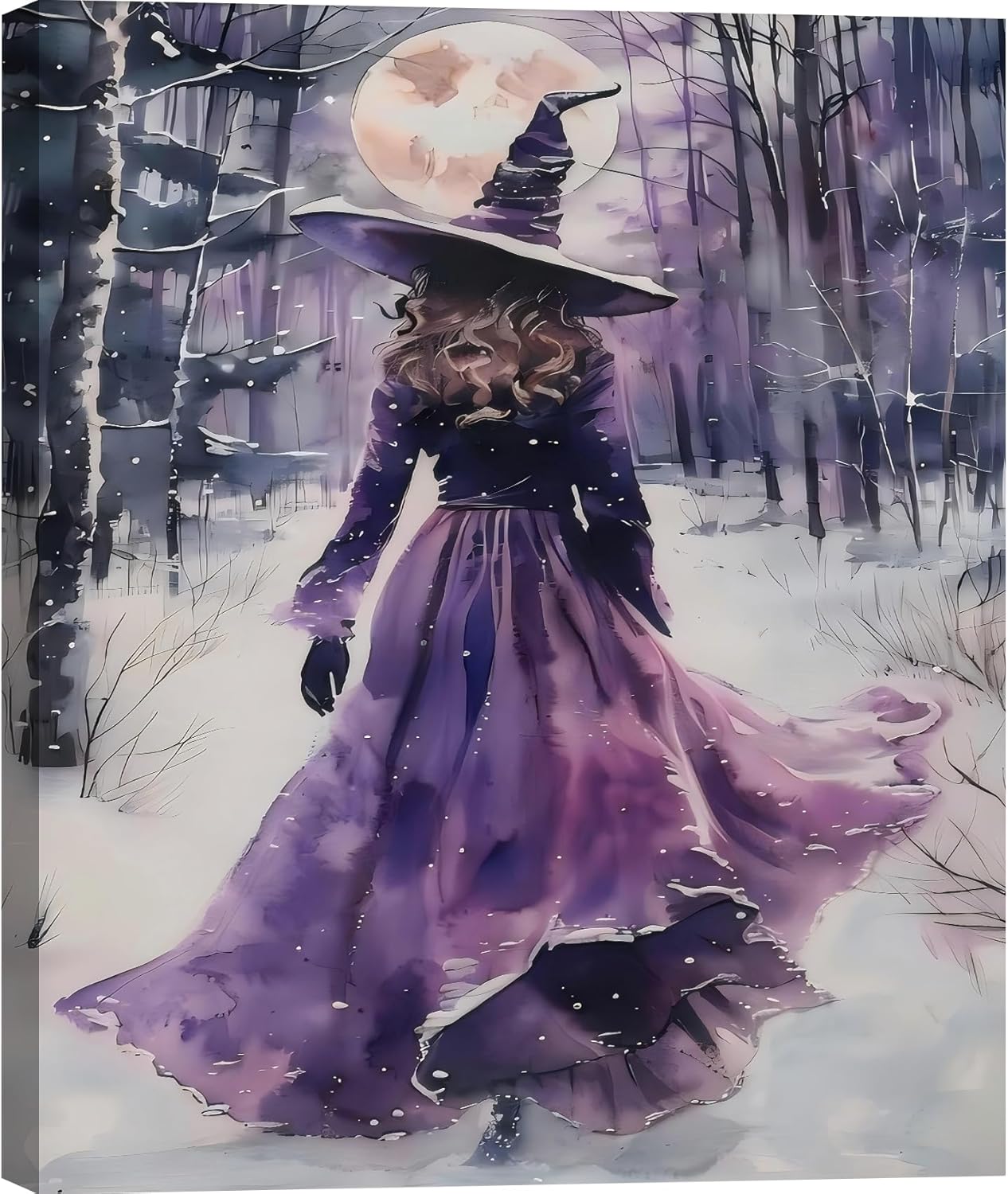 Purple Witch In Winter Forest Canvas Wall Art for Unique Decor