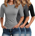 Elbow Length Tee Shirts for Women 3 Pack - Slim Fit Casual Basics tops