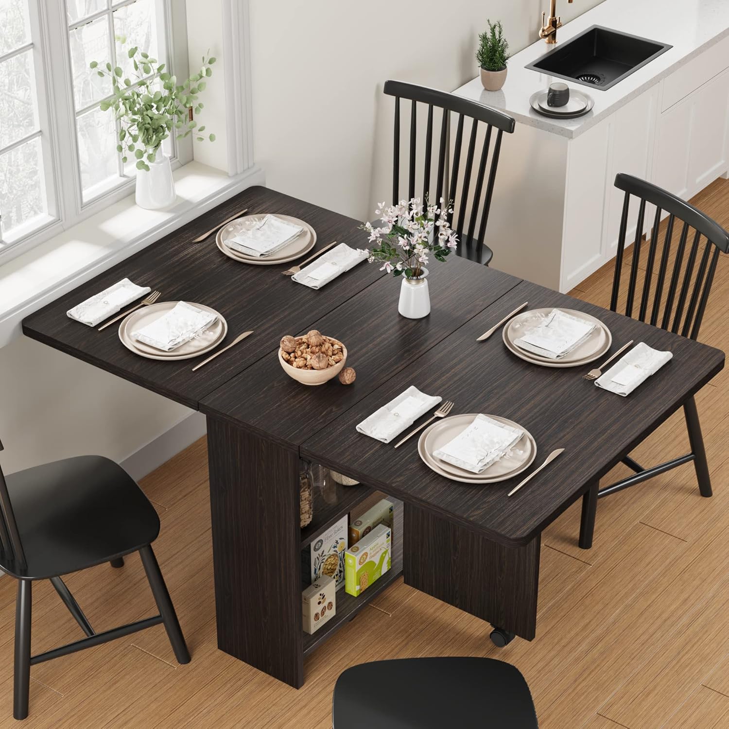 IDEALHOUSE Folding Dining Table with 6 Wheels and Storage Shelf