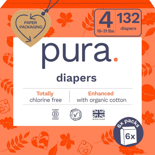 Pura Size 4 Eco Diapers: 12hr Leak Protection, Allergy-friendly, Sustainable
