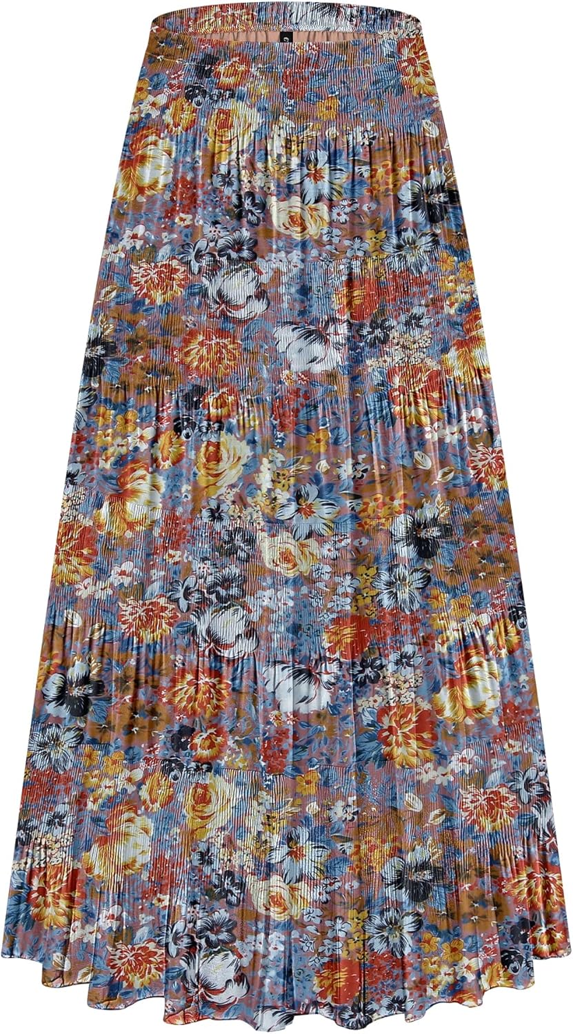 Chiffon High Waist Tiered Pleated Floral Maxi Skirt for Women