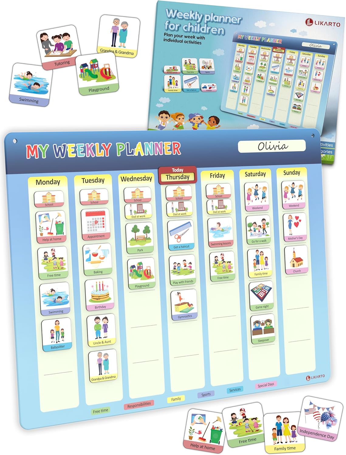 LIKARTO Weekly Planner for Children - Magnetic Board with 194 Magnets