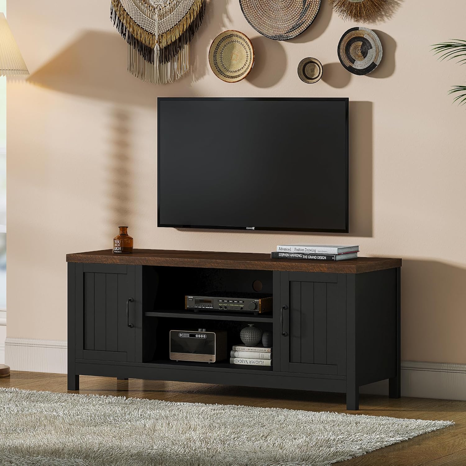 ChooChoo Rustic TV Stand: Grooved Door Storage & Shelves
