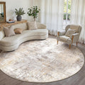 8x8 Washable Round Rug Beige Grey Abstract - Non Slip Low Pile
