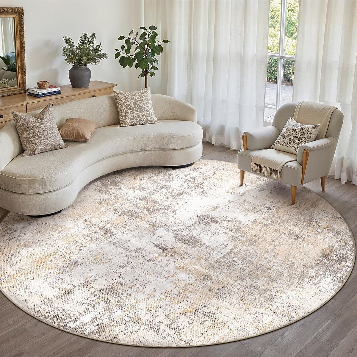 8x8 Washable Round Rug Beige Grey Abstract Living Room Carpet