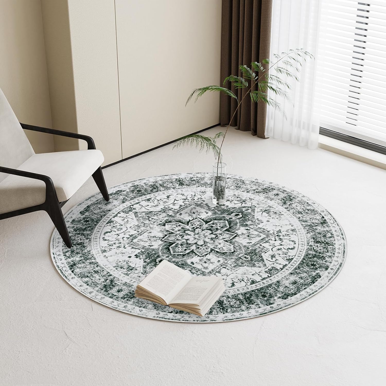 Round Rug for Living Room, 5Ft Washable Boho Area Rug