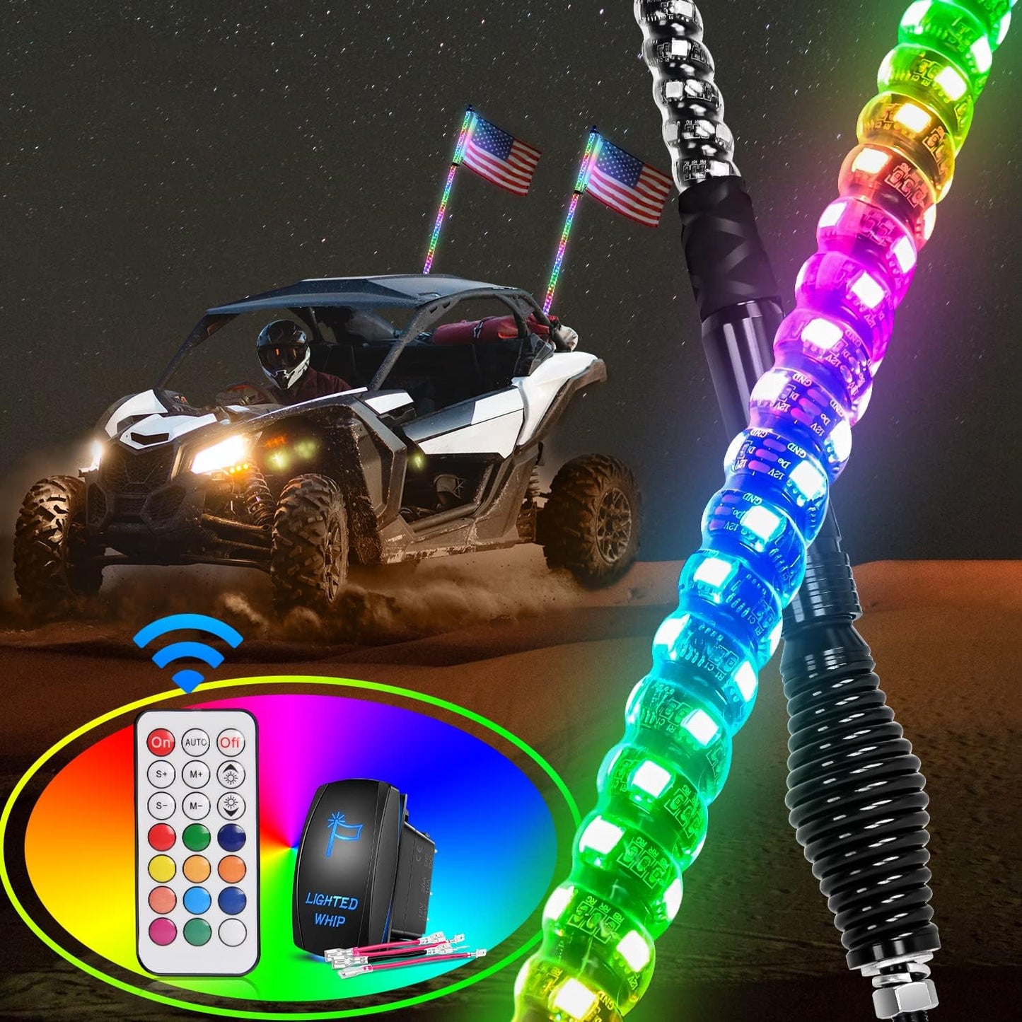 Nilight 3FT Spiral RGB LED Whip Light for Offroad Vehicles