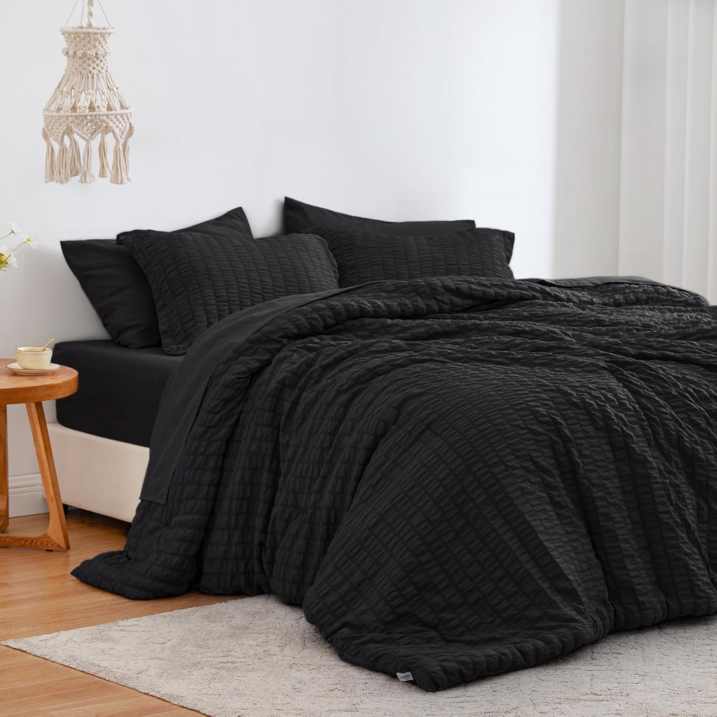 Seersucker Black 7 Pieces Comforter Set for Full Bed Comfort