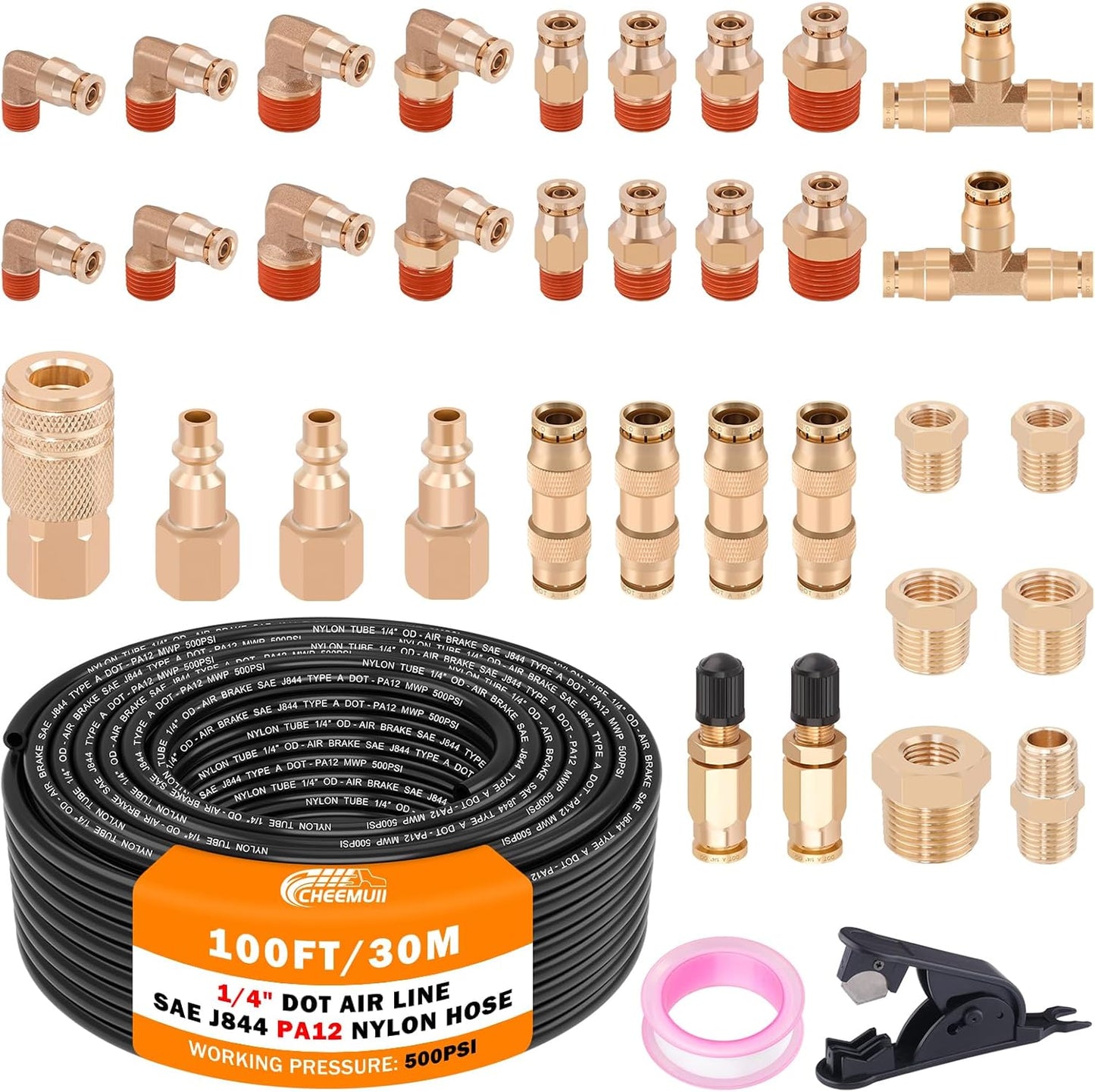 CheeMuii 100 FT 1/4 DOT Air Line with Brass Fittings Kit