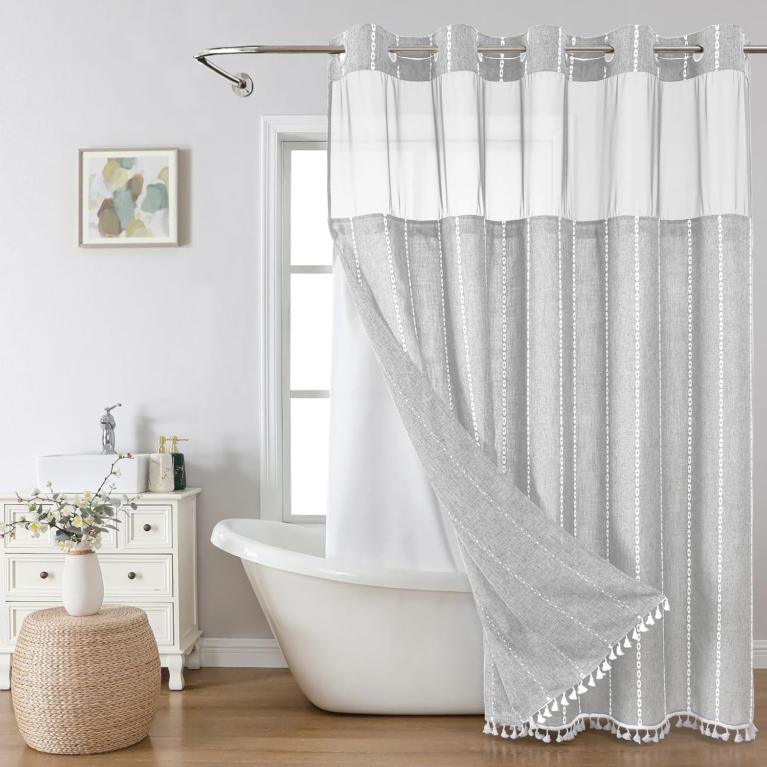 Grey Farmhouse No Hook Shower Curtain Set with Snap-in Liner