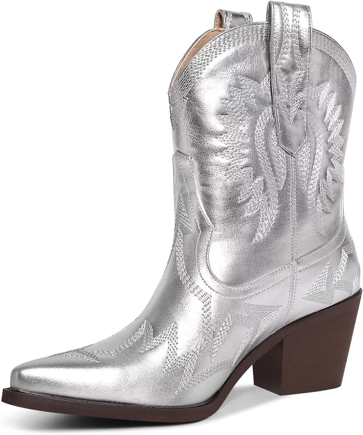 Western Boots for Women with Metallic Embroidery and Chunky Heel