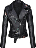 Bellivera Women Faux Leather Jacket Studded Rivet Floral Moto Biker