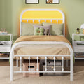 Twin Bed Frame with LED Lights and Charging Station - Slim White Twin