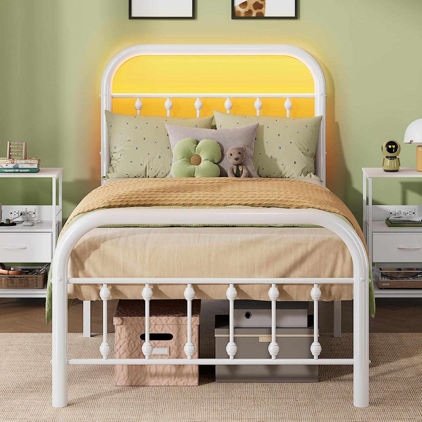WLIVE Twin Bed Frame with LED Lights and Charging Station
