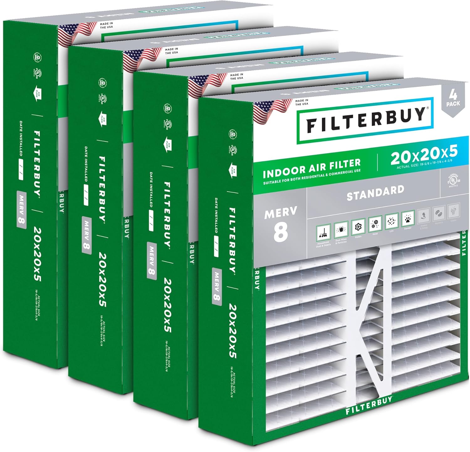 Filterbuy 20x20x5 Air Filter MERV 8 for Dust & Allergy Defense
