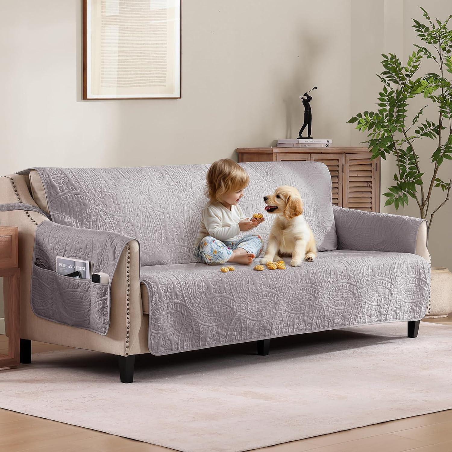 Soft Quilted Couch Cover with Pockets for Extra-Large Sofa