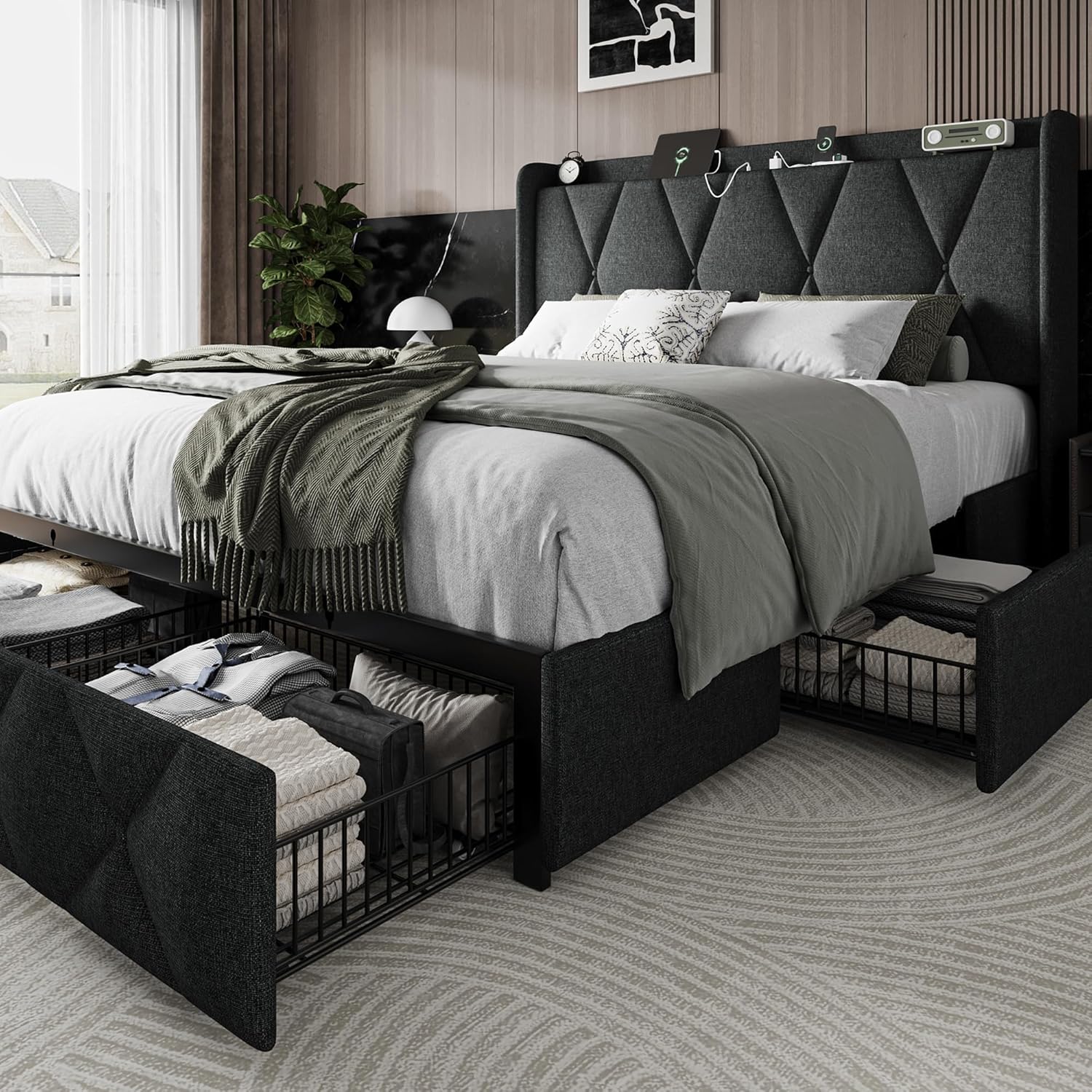 Full Size Bed Frame with Storage Drawers and Charging Station