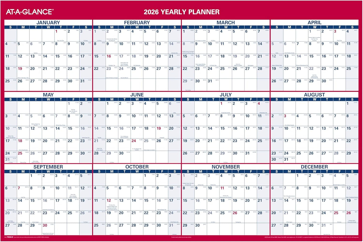 AT-A-GLANCE 2026 Erasable Calendar for Yearly Planning Needs